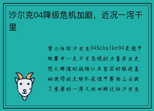 沙尔克04降级危机加剧，近况一泻千里